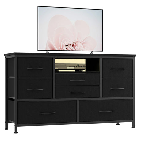 Dresser TV Stand with Power Outlet & LED Lights for 55'' TV，8 Drawers Entertainment Center, Fabric Chest of Drawers with Wood Top, TV Stands for Bedroom, Living Room, Black SunnyFurn