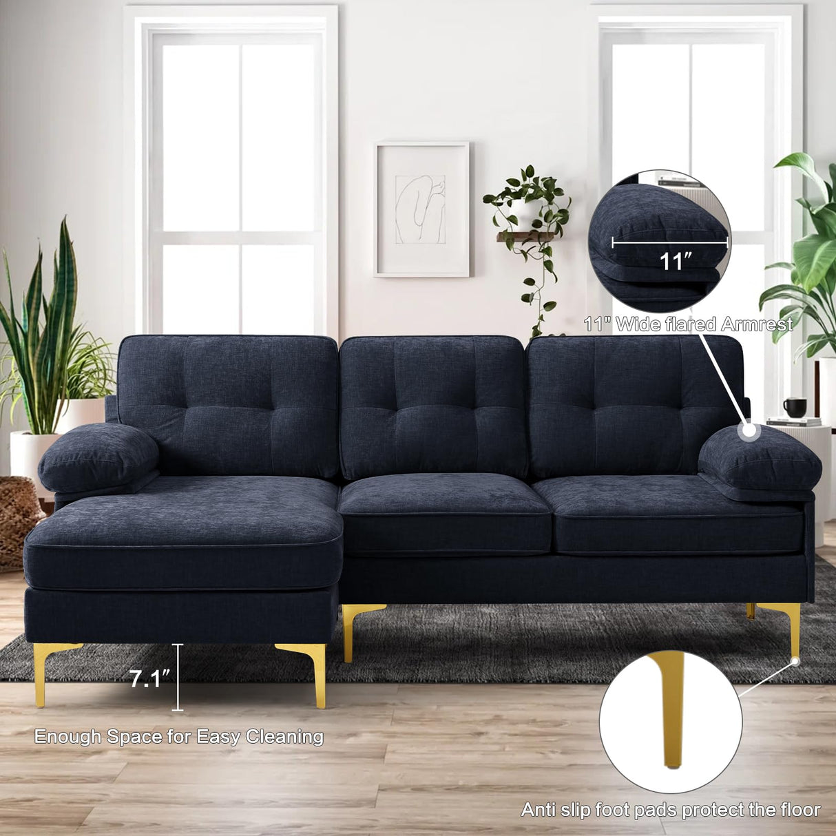 EASELAND 82" L-Shape Sofa with Reversible Chaise Lounge, Convertible Sectional Sofa Couch, Chenille Modern Sofa Couch for Living Room, Apartment and Office, Removable Cover (Dark Blue) EASELAND