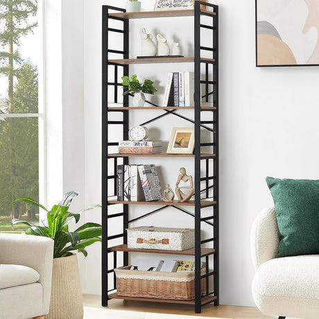HOMBAZAAR 7 Tier Bookshelf,84 inch Tall Industrial Bookcase with Metal Frame and Open Shelves,Rustic Heavy Duty 7 Shelf Bookcase, Office Book Shelves for Living Room and Bedroom,Brown HOMBAZAAR
