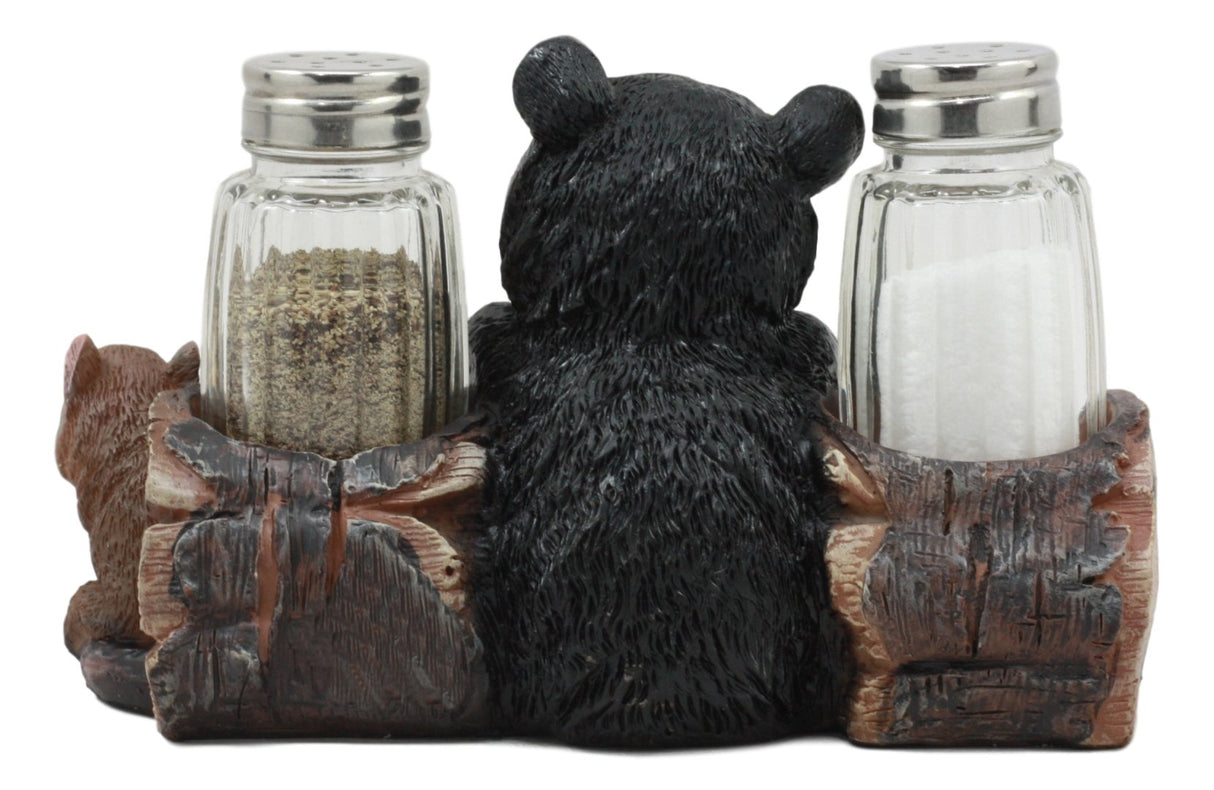 Ebros Black Baby Bear Cub Sitting In Log With Squirrel Salt And Pepper Shakers Holder Statue 6.75"Long Cabin Lodge Whimsical Bear Dining Table Centerpiece Ebros Gift