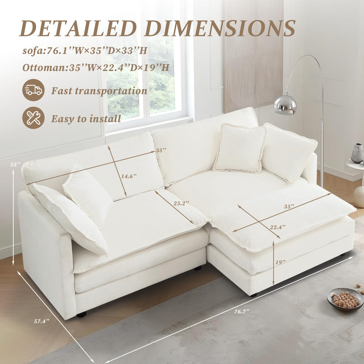 SoarFlash Chenille Sectional Sofa, Comfy L Shaped Modular Coush Sofa with Ottoman, Modern 2 Seat Couch Deep Seat Sofa Set for Living Room,White SoarFlash