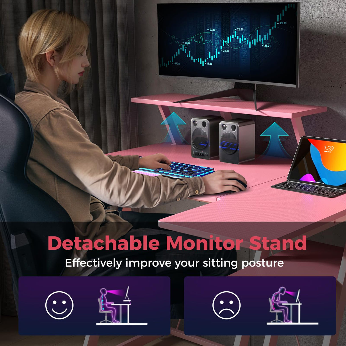 Tangkula L Shaped Gaming Desk with Power Outlets, Small Gaming Computer Desk 39inch with Storage Shelf, Corner Desk with Carbon Fiber Texture, Gamer Desk Gaming Table (Pink) Tangkula