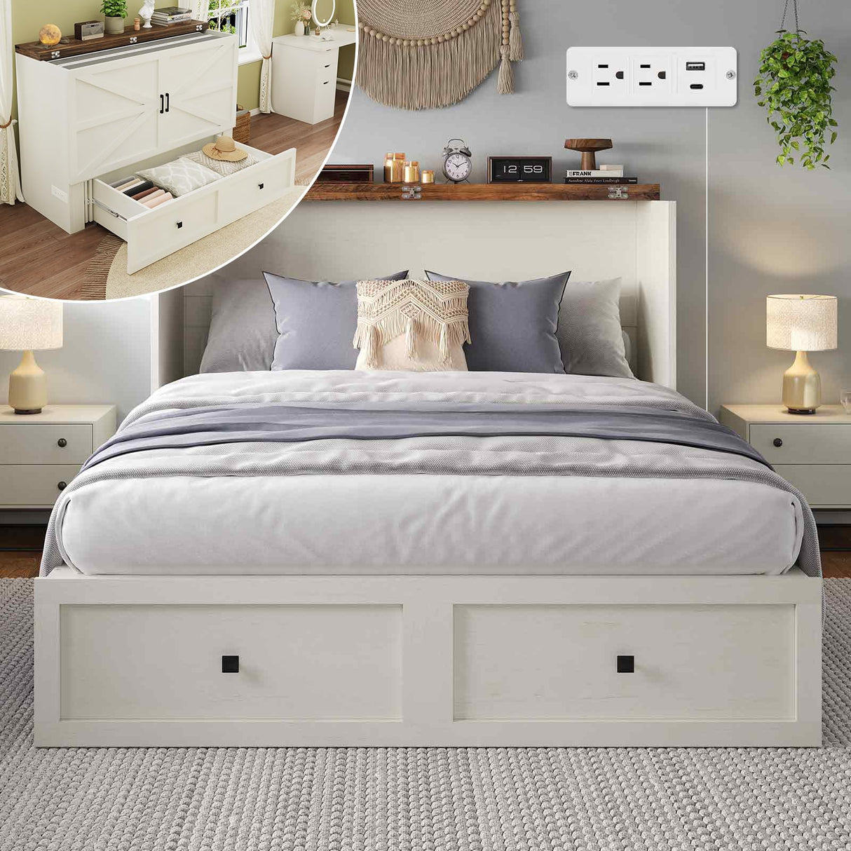 LUXOAK Murphy Bed with Charging Station, Queen Size Cabinet Bed with Large Storage Drawer for Home Office or Small Room, Hideaway Full Foldable Platform Bed, White LUXOAK