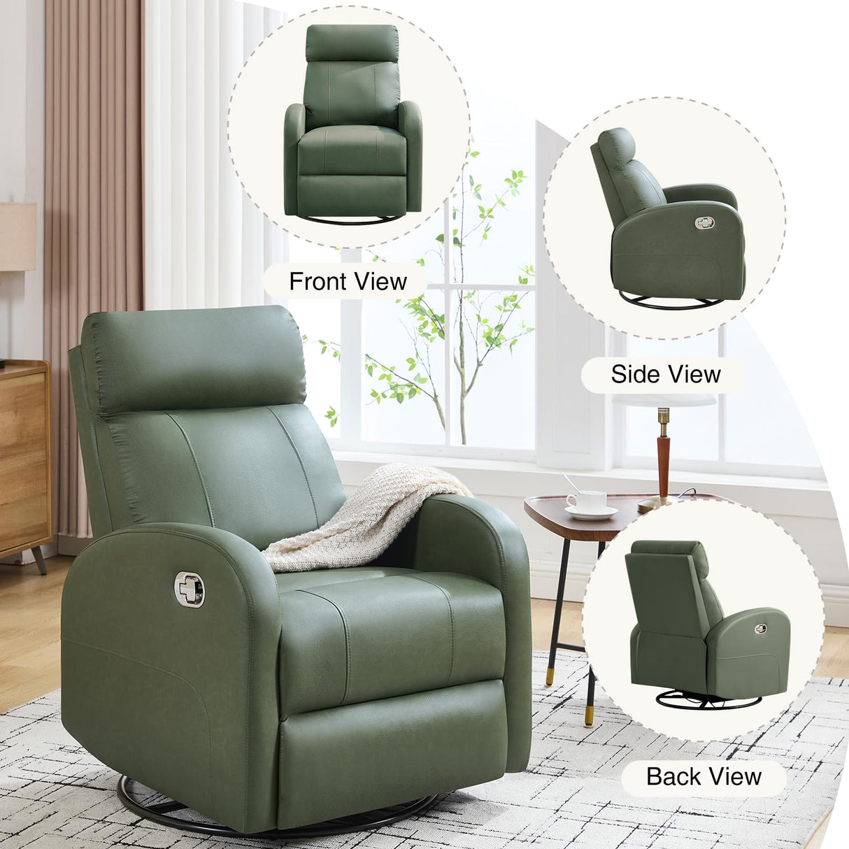 HOMYKA Swivel Rocker Recliner, Faux Leather Rocking Recliner Chair with Manual Adjustable Footrest, Reclining Chair Nursery Glider Recliners for Small Spaces, Living Room, Dark Green HOMYKA