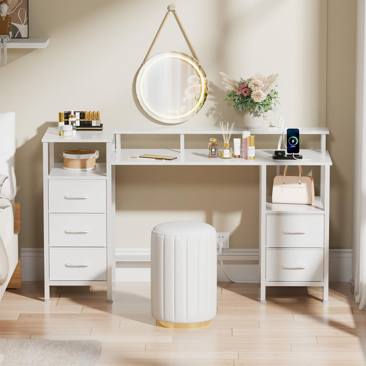 Korfile White Computer Desk with Power Outlets & LED Lights, Reversible Gaming Desk with 5 Fabric Storage Drawers, 47" Home Office Desk with Monitor Stand Shelves for Working, Vanity Table for Bedroom Korfile