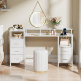 Korfile White Computer Desk with Power Outlets & LED Lights, Reversible Gaming Desk with 5 Fabric Storage Drawers, 47" Home Office Desk with Monitor Stand Shelves for Working, Vanity Table for Bedroom Korfile