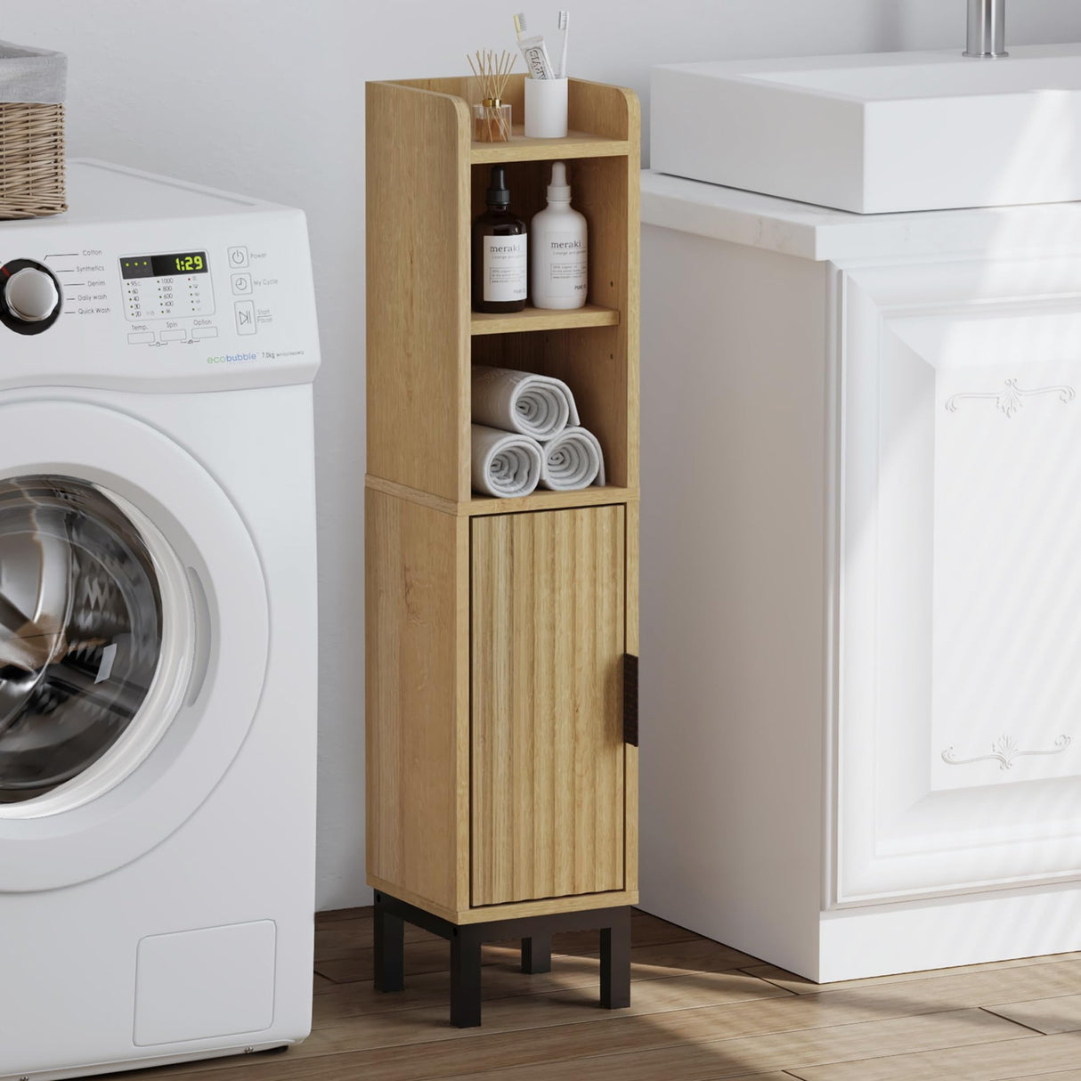 FerniTry Small Bathroom Storage Cabinet, Corner Narrow Toilet Paper Floor Cabinet with Door and Shelves,Bathroom Organizer with Adjustable Shelf, for Small Spaces (Oak) FerniTry