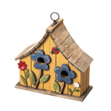 Glitzhome 10.75" L Distressed Solid Wood Hanging Birdhouse with 3D Flowers Rustic Two-Story Townhouse Hand-Painted Garden Bird Houses for Outdoors,Washed Yellow Glitzhome