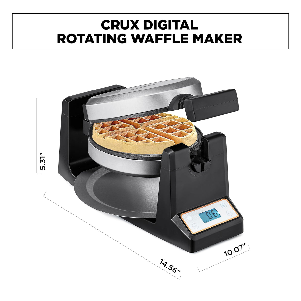 CRUX Rotating Belgian Waffle Maker with Deep Nonstick PFOA Free Plates, Digital Keto Chaffles Iron with LCD Display, Browning Control and Cord Storage, Stainless Steel Crux
