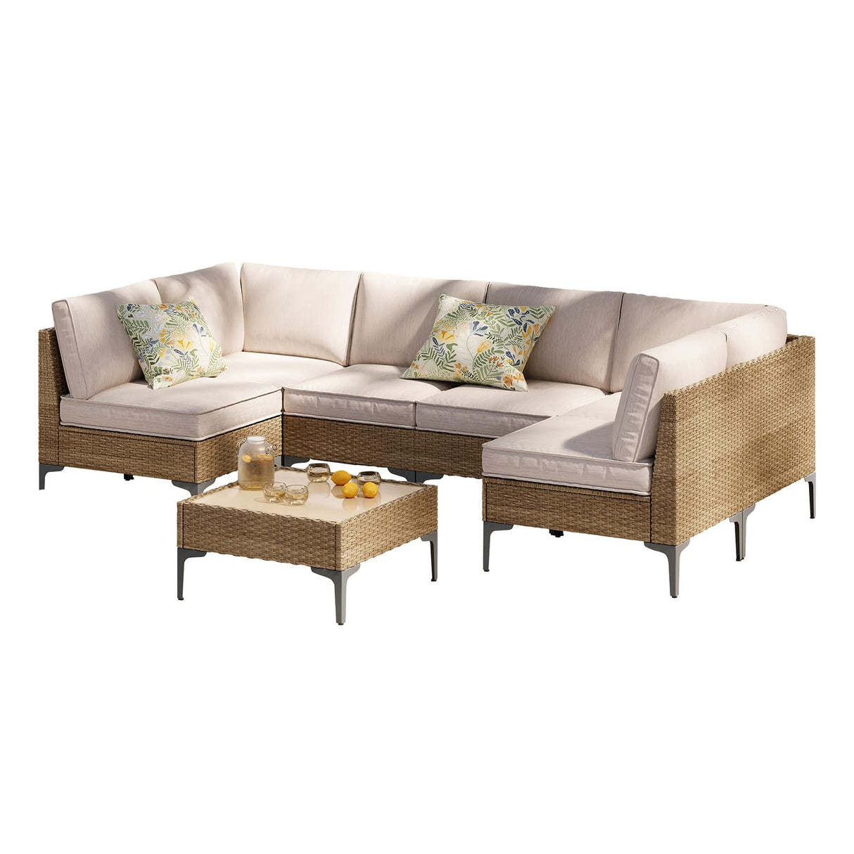 SunloungeCo 7-Piece Patio Furniture Set, Outdoor Wicker Sectional Sofa with Coffee Table, Anti-Slip & Thick All-Weather Cushions for Sunroom,Garden,Backyard, Beige SunloungeCo
