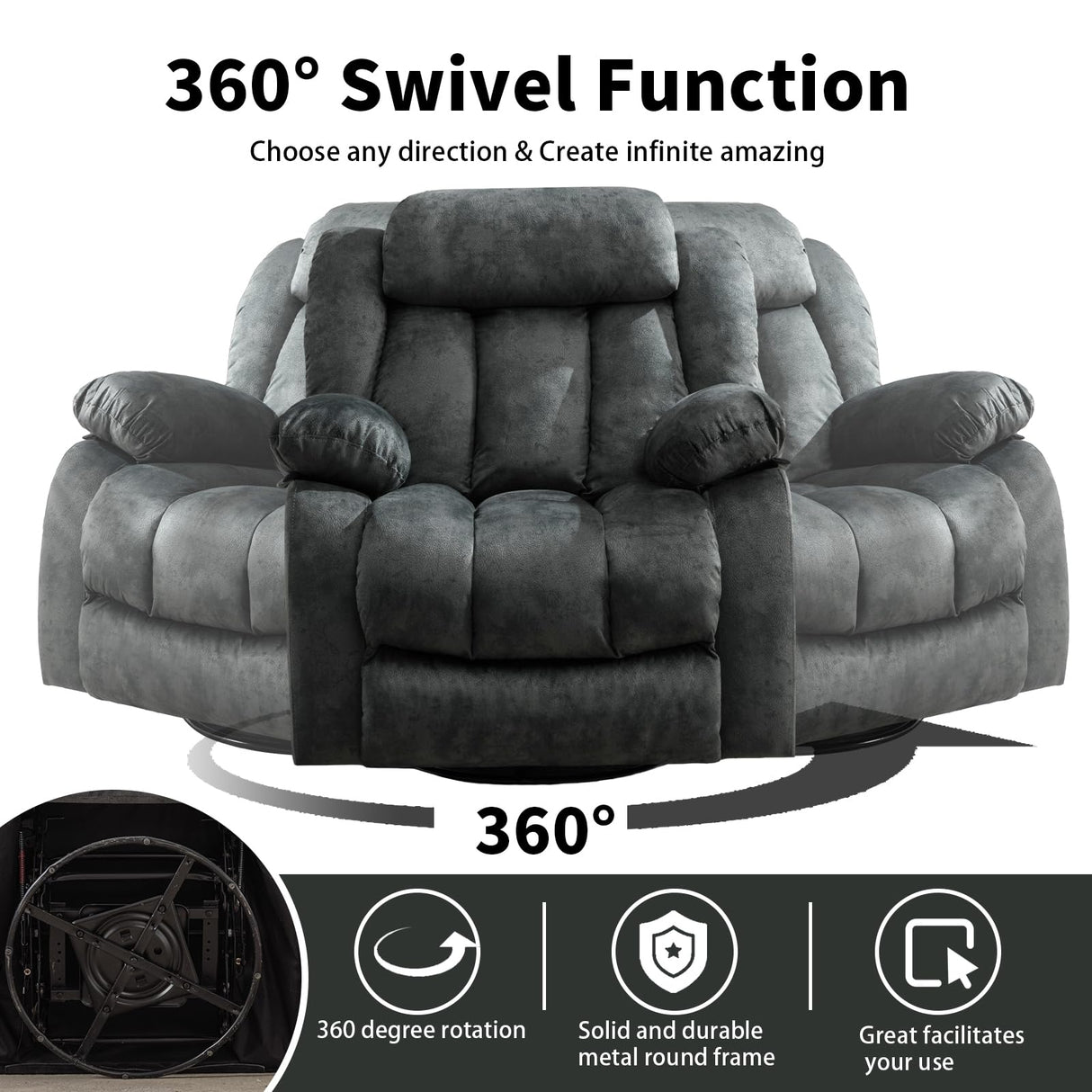 CANMOV Massage Swivel Rocker Recliner Chair with Heat and Vibration, 360 Degree Swivel Manual Recliners Antiskid Fabric Single Sofa Heavy Duty Reclining Chair for Living Room, Grey Green CANMOV