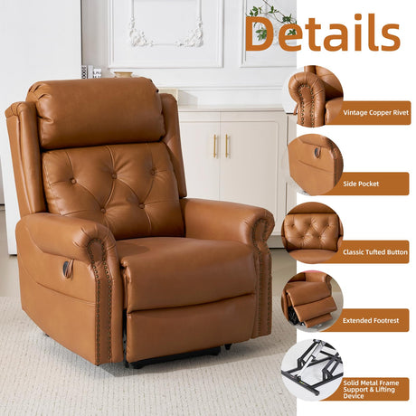 RUTOX Large Power Lift Recliner Chair for Elderly, Lay Flat Lift Chair with Adjustable Headrest, Leather Recliner Lift Chairs with Massage and Heat, Infinite Position,Extended Footrest, Camel RUTOX