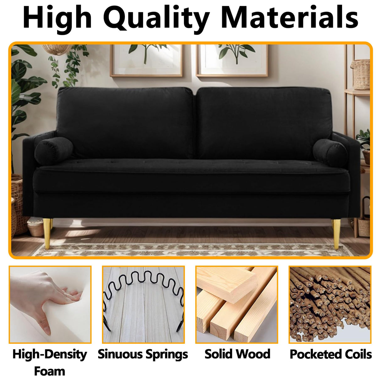 Thctvous 65" Loveseat Sofa with 2 Pillows, Comfy Love Seat Cuches with Gold Legs,Velvet Small Couchs for Living Room Bedroom Office Apartment,Mid Century Modern Couch (Black) Thctvous