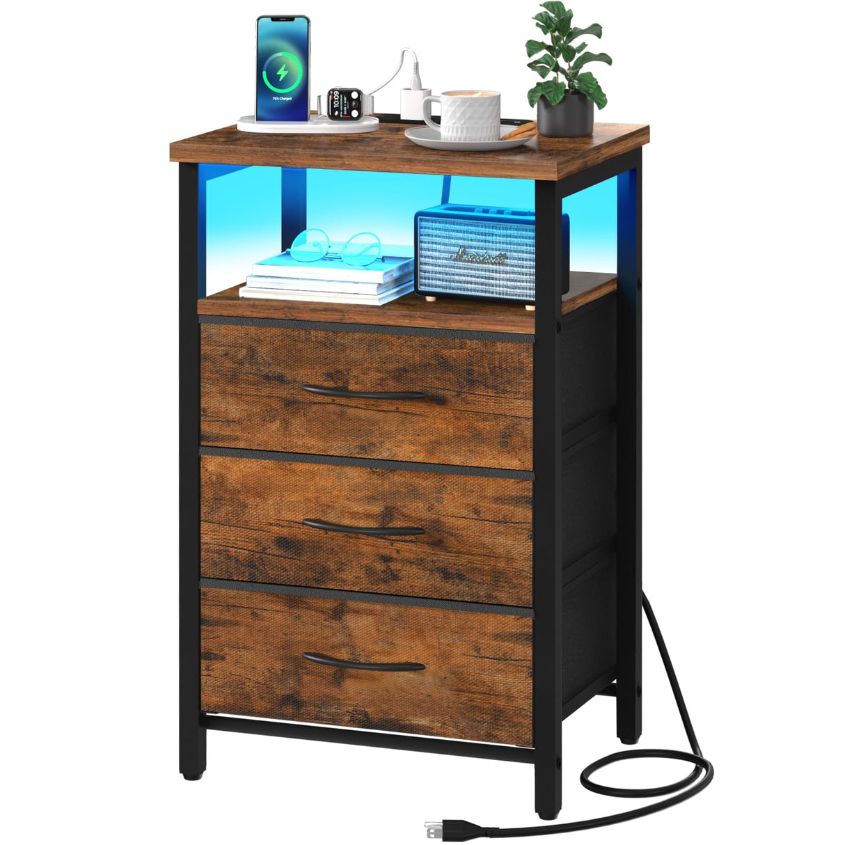 Yoobure Night Stand with Charging Station, 16 Colors LED Nightstand with USB Ports and Outlets, End Table with 3 Fabric Drawers and Storage Shelf, Bedside Tables Small Dresser for Small Space Brown Yoobure