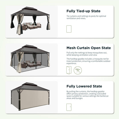 GREEN PARTY 12 X 16ft Hardtop Gazebo with Nettings and Curtains, Heavy Duty Double Roof Galvanized Steel, Outdoor Aluminum Gazebos Pergolas for Patios, Backyard, Deck, Garden, Lawns