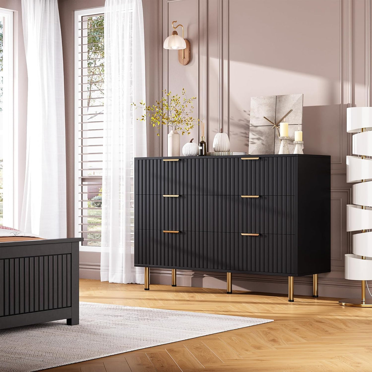 GarveeHome Fluted 6 Drawer Dresser for Bedroom, 47.2 in Wide Modern Chest of Drawers with Deep Drawers, Large Double Dresser TV Stand, Wooden Organizer for Living Room, Hallway, Kids Room, Black GarveeHome