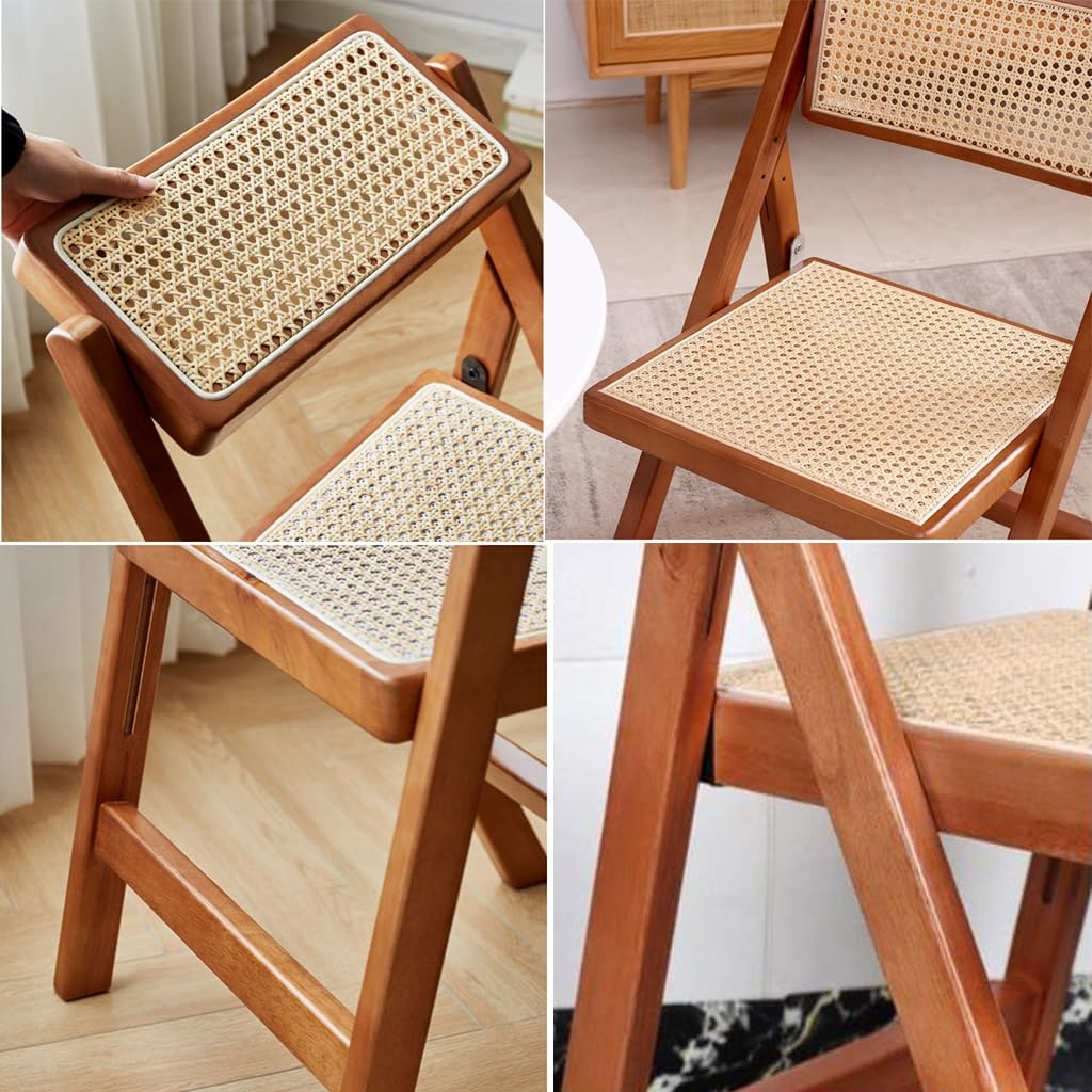 Wooden Retro Folding Chairs, Stackable Dining Chairs with Rattan Woven Seat and Back, Leisure Handmade Dining Chair for Living Room Bedroom Garden Balcony (Color : Style 1) - WoodArtSupply