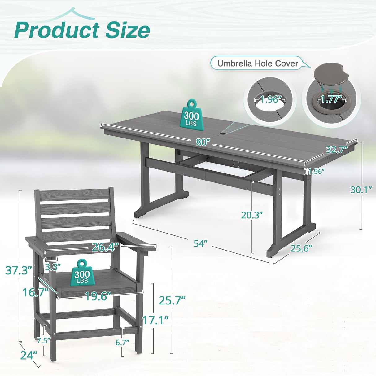 Homenjoy 9 Pieces Patio Table and Chairs Set, HDPS Weather Resistant Outdoor Patio Dining Set with Umbrell Hole, Rectangle Outdoor Dining Table with 8 Patio Chairs for Balcony Backyard Deck, Grey Homenjoy