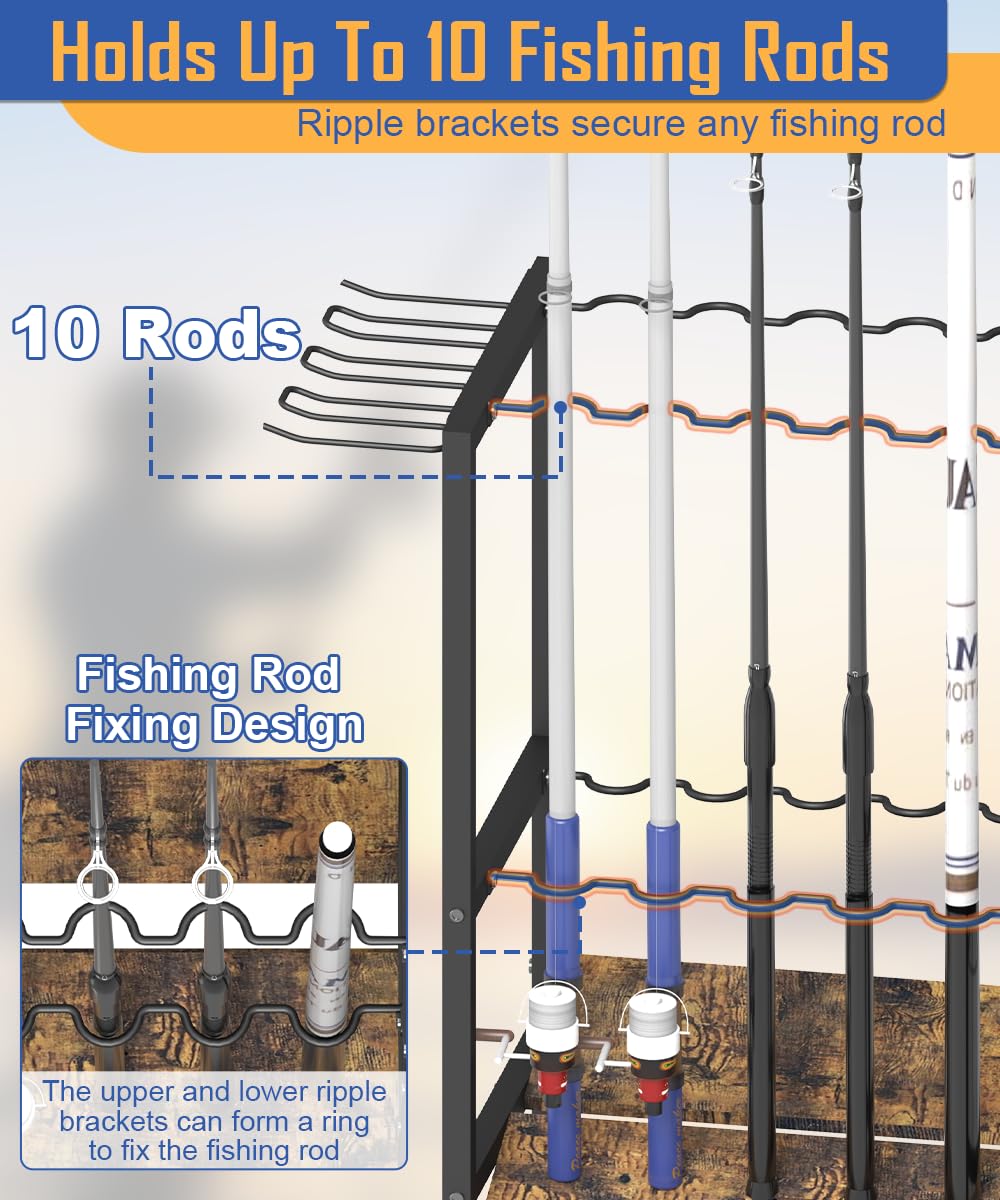 Tigerden Fishing Rod Holders for Garage, Fishing Pole Holder Stand with Multifunctional Hook, 4 Tier Fishing Gear Equipment Organizers Rack, Fits Most Rods of 1.57" for Home Entryway Corner, Black Tigerden