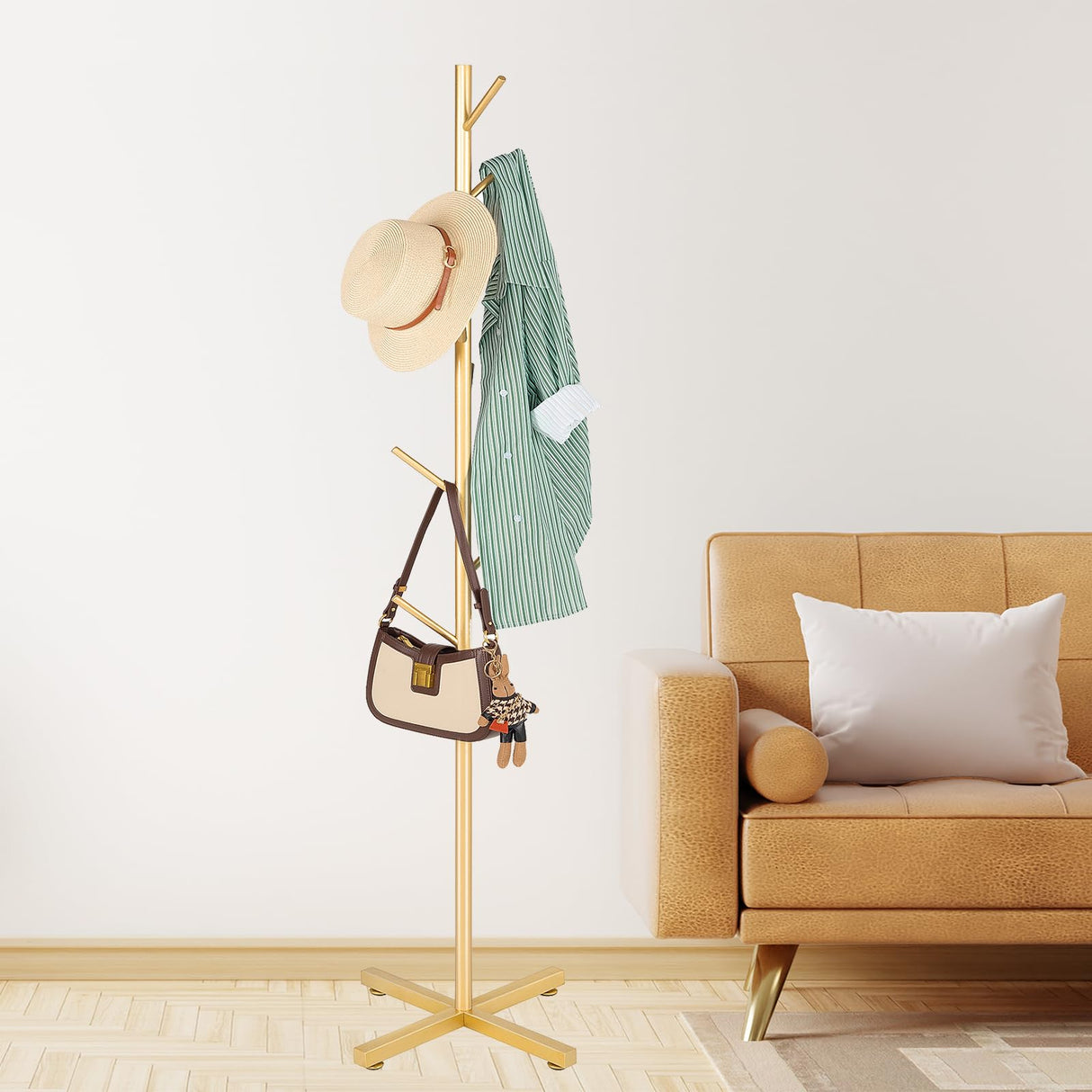 ZOZOE Metal Coat Rack Stand, Modern Coat Rack Freestanding with 8 Hooks, Coat Racks Easy to Assemble, Coat Tree Stand for Bags, Hats, Entryway, Office (Golden) ZOZOE