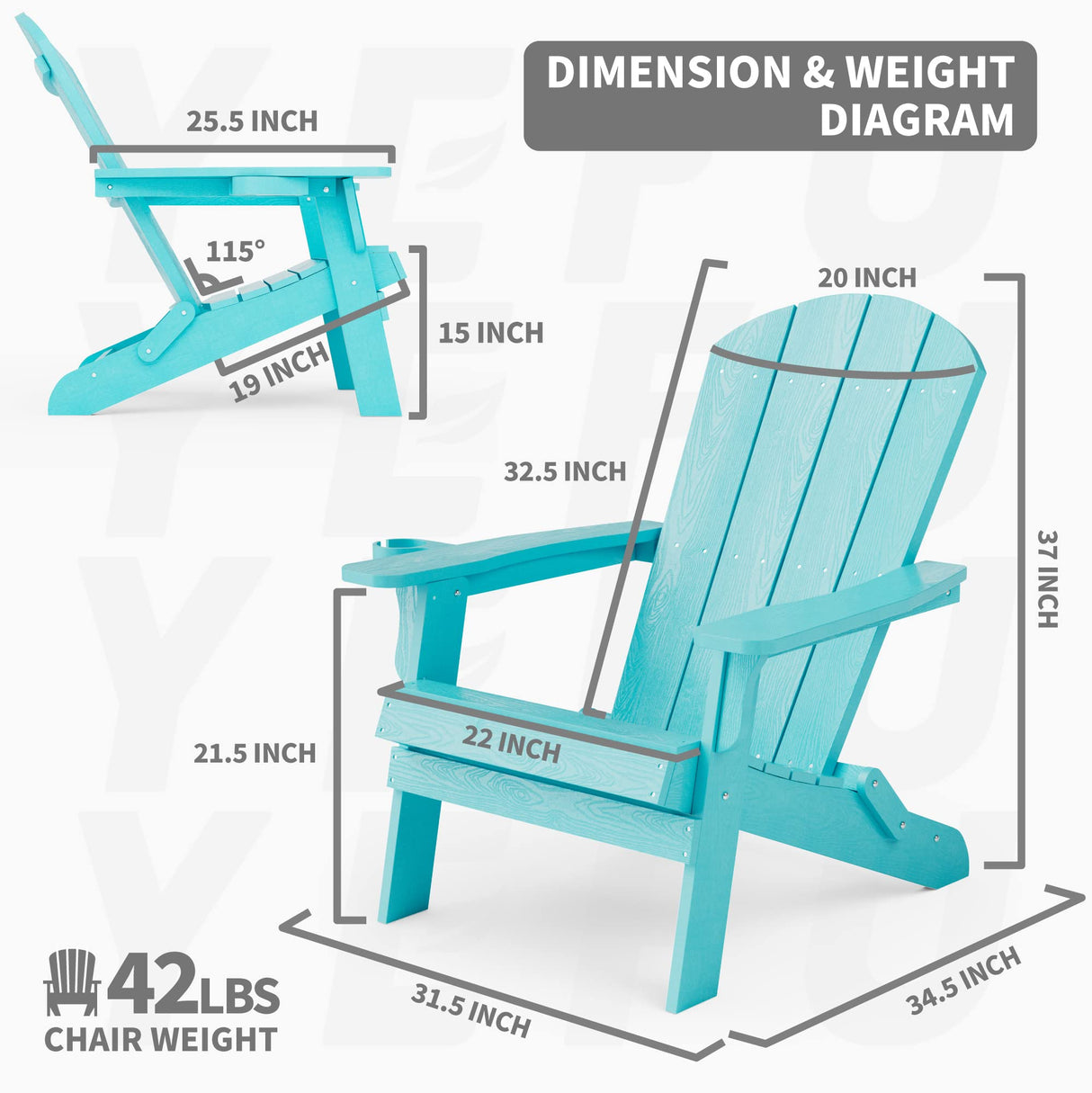 YEFU Adirondack Chair, Oversized Plastic Adirondack Chair Folding Outdoor Chairs with Cup Holder, Lawn Chair with Weather Resistant for Outside Deck Lawn Garden, Weight Capacity Up to 400 Lbs –Aruba YEFU