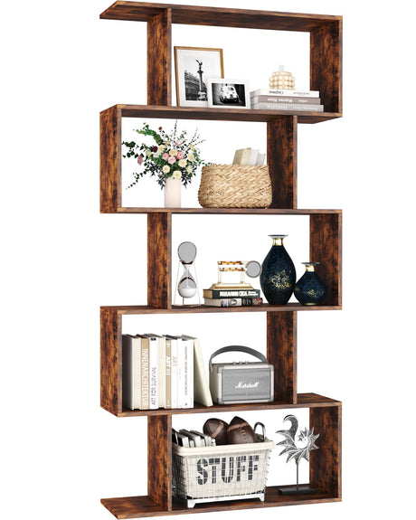 Yusong Bookshelf 5-Tier, Geometric Bookcase S Shaped Book Shelves for Bedroom, Modern Industrial Wood Decorative Display Shelf Book Case for Home Office, Rustic Brown Yusong