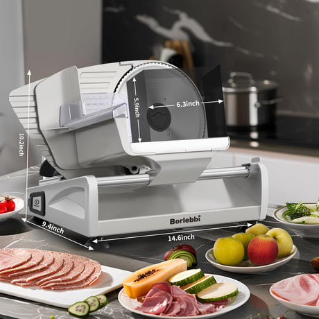 Meat Slicer, 200W Meat Slicer Machine for Home, DC Motor Quiet Deli Slicer with 2 Removable 7.5'' Stainless Steel Blades, Adjustable Dial for 0-15mm, Electric Food Slicer for Meat, Cheese, Bread Borlebbi