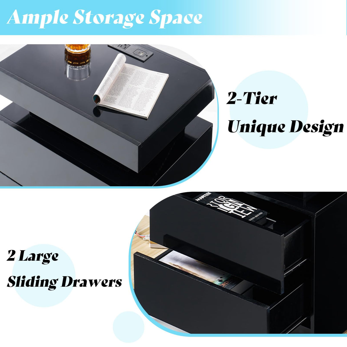 AMERLIFE High Gloss LED Nightstand Set of 2 with Charging Station, Modern Bedside Table Night Stand with LED Lights, Sofa End Side Tables with Drawers for Bedroom Living Room, Black AMERLIFE