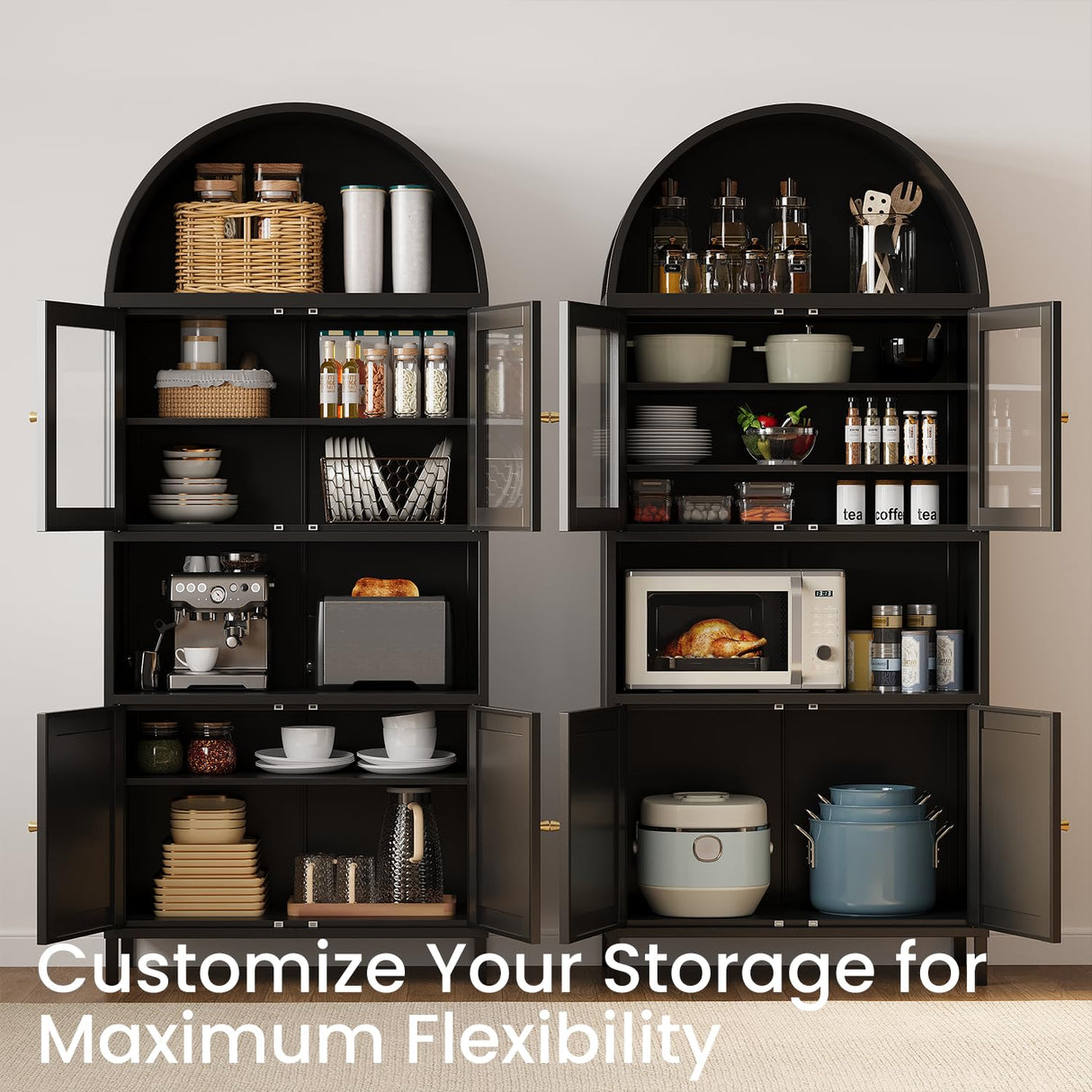 JFHID 73'' Arched Metal Storage Cabinet, Modern Kitchen Pantry with Glass Door & Adjustable Shelves, Display Bookcase Curio Cabinet for Living Room, Dining Room or Kitchen JFHID