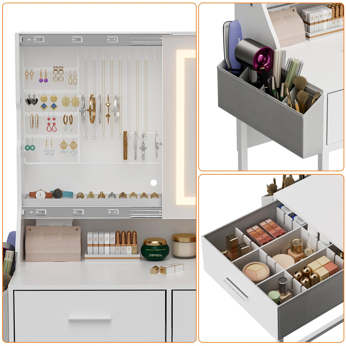 Uiithokyia White Vanity Desk, Makeup Vanity Table with Mirror LED Lights, Vanitys for Jewelry Organizer, 2 Storage Drawers, and Side Pockets Hair Tools Storage, Bedroom Vanity Table for Women, Girls Uiithokyia