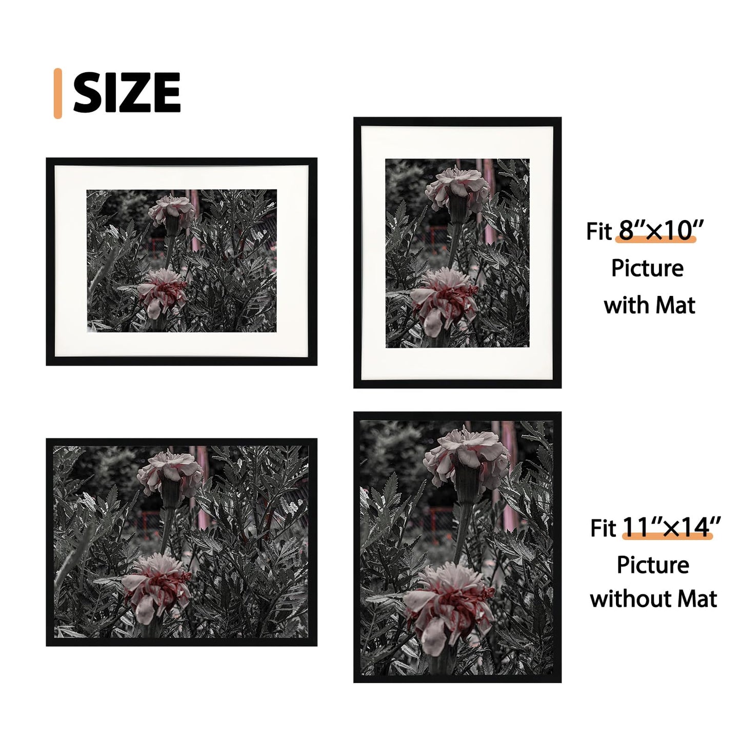 Fixwal 11x14 Black Picture Frame Set of 4, Display 8 x 10 Picture with Mat or 11 x 14 with Out Mat for Wall Hanging Display - WoodArtSupply