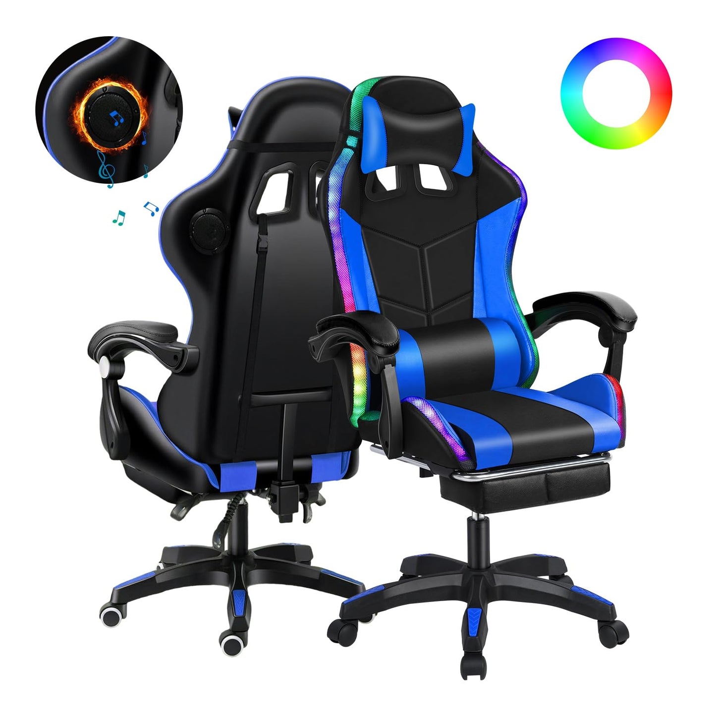 Ergonomic Gaming Chair Video Game Chairs with footrest and Massage Lumbar Support, Computer Chair with Speakers, Bluetooth Music, RGB LED Lights, Headrest, Up to 397lbs Black Blue