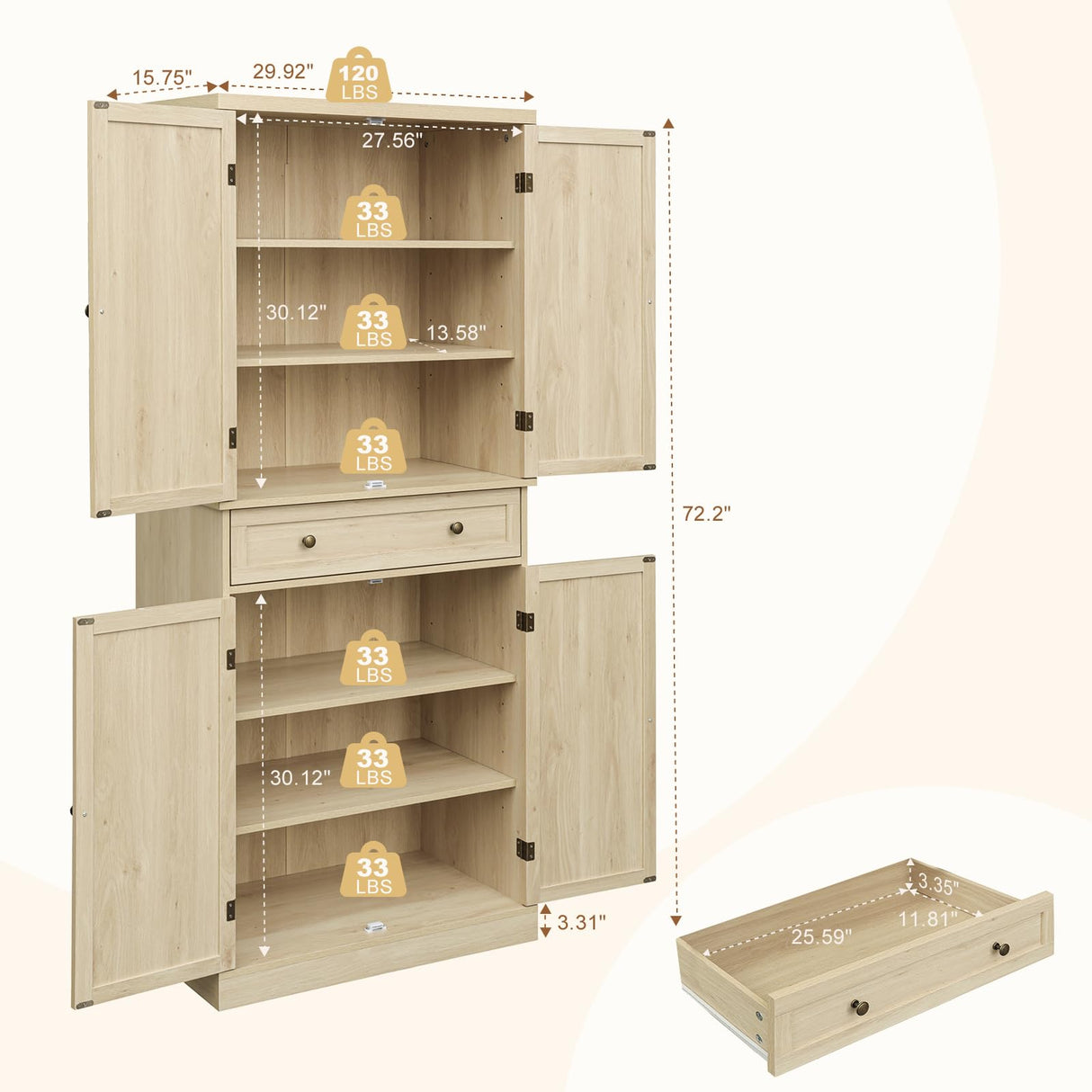 UZUGUL Kitchen Pantry Cabinet with Adjustable Shelf,72'' Tall Rattan Pantry Storage Cabinet with 4 Door and Drawer, Bedroom Wardrobe, Tall Storage Cabinet for Living Room UZUGUL