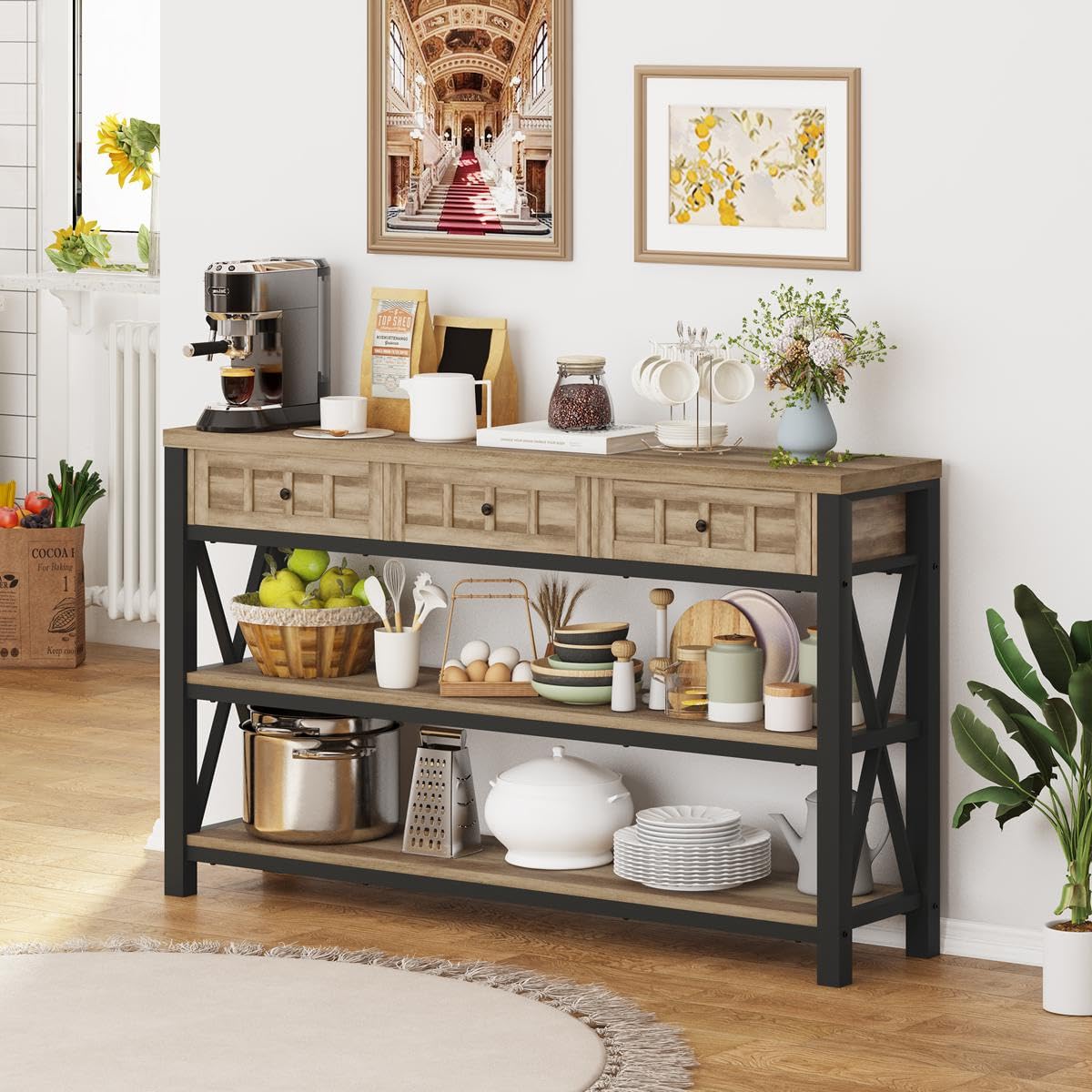 FATORRI Rustic Oak Industrial Console Table with 3 Drawers and Ample Storage - WoodArtSupply