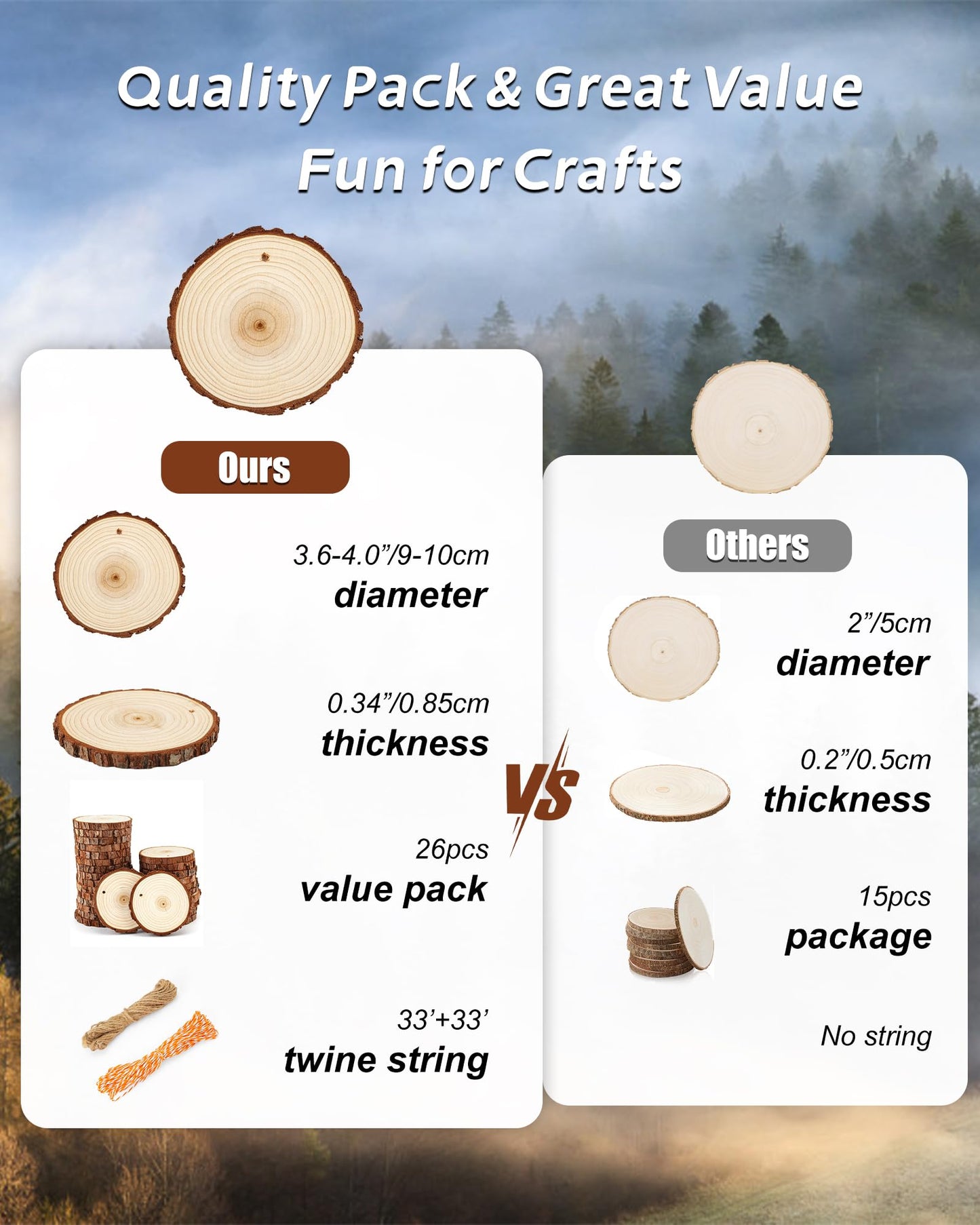 Unfinished Wood Slices with Holes for Crafts 3.5-4 inches Round Wood Circles with Bark Natural Wooden Slices Craft Wood Slices for Ornaments Bulk Blank Wood Circles Wooden Chips Round Wood Chips 26PCS