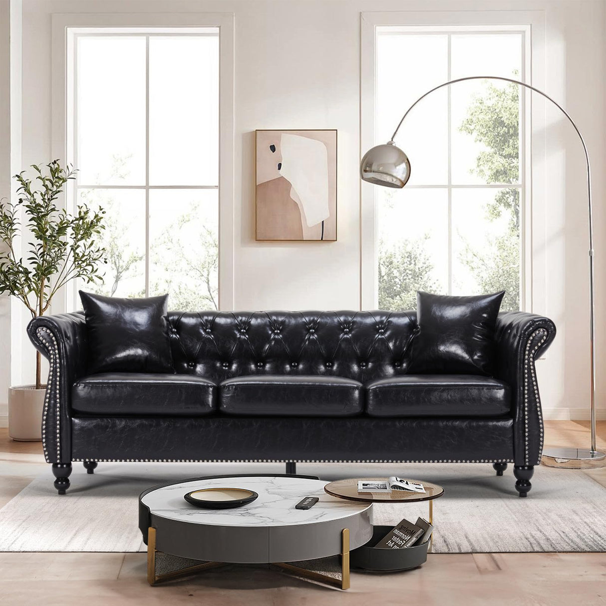 Chesterfield Sofa 83.4 " Faux Leather Couches with Gourd Wooden Legs, Deep Seat Comfy 3-Seater Upholstered Couch Button Nailhead Tufted Classic Couches for Living Room，Bedroom Easy to Assemble (Black) FEISHOMINOO