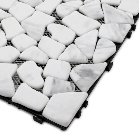 SUNWINGS 4PCS Natural Stone Interlocking Deck Tiles 12"x12" Pebble Waterproof Patio Deck, Outdoor Indoor Floor Decking Tiles for Porch Poolside Balcony Backyard, Carrara White sunwings