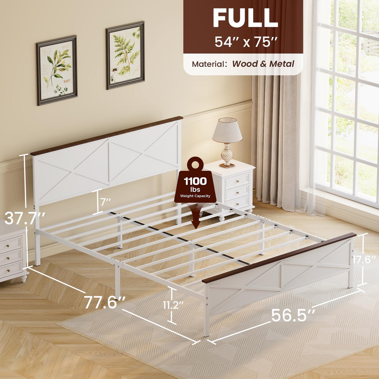 VOPEAK Farmhouse Full Bed Frame with Headboard and Footboard, Bed Frame Full Size Metal Platform with Under Bed Storage, Noise Free, No Box Spring Needed, Easy to Install, Sturdy & Stable, White VOPEAK