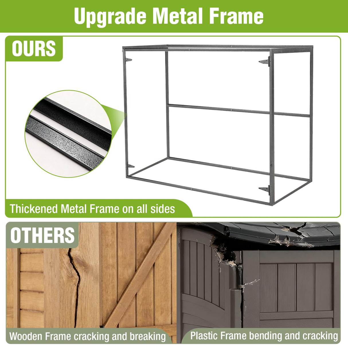 Joyqinchen Outdoor Storage Shed with Strong Metal Frame, Wooden Garden Sheds with Adjustable Shelves and Removable Floor, Weatherproof Outdoor Trash Can Shed, Horizontal Storage Cabinet for Patio Joyqinchen