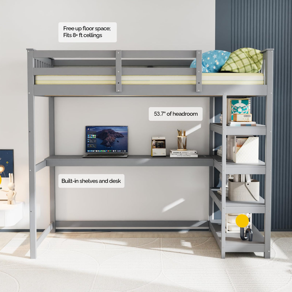 JOYMOR Bunk Bed with Desk and 4-Layer Shelves, Loft Bed Twin Size with Under Desk and Bookcase Storage, Twin Bed Frame for Kids, Adults& Young Teens JOYMOR