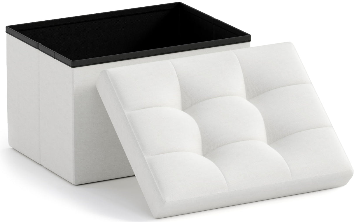 Ornavo Home Small Storage Ottoman Foldable Collapsible Rectangle Linen Ottoman Foot Rest Stool Seat, for Living Room, Bedroom, Home Office, Dorm - 12 x 16 x 12, White Ornavo Home