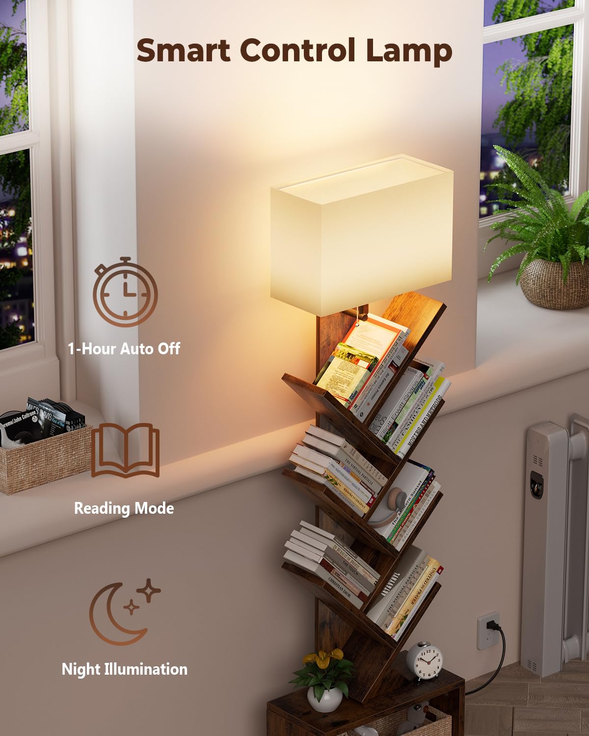 Evermagin 6 Tier Tree Bookshelf with Smart Light, Small Bookcase Tower with Remote Control, Tall Floor Standing Book Organizer for Living Room, Bedroom & Home Office, Rustic Brown Evermagin