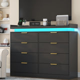 UNIQUITE 8 Drawer Dresser for Bedroom, Black Dresser with LED Lights and Power Outlet, Wooden Dressers Chests of Drawers, Double Wide Dressers for Bedroom, Entryway, Hallway UNIQUITE