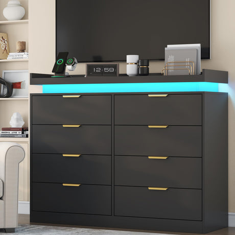 UNIQUITE 8 Drawer Dresser for Bedroom, Black Dresser with LED Lights and Power Outlet, Wooden Dressers Chests of Drawers, Double Wide Dressers for Bedroom, Entryway, Hallway UNIQUITE