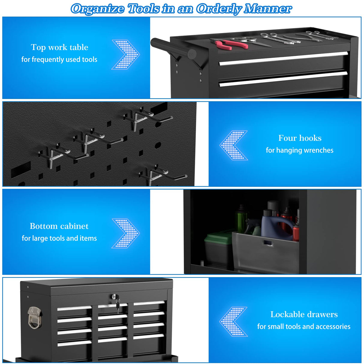 Granper High Capacity 8-Drawer Tool Chest, Tool Box with Wheels, Movable Rolling Tool Chest, Tool Chest with Wheels, Heavy Duty Tool Cabinet for Workshop, Garage and Repair Room(Cool Black) Granper