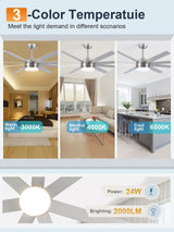 YUHAO 72 Inch Brushed Nickel Ceiling Fan with Light and Remote Control.Noiseless,Dimmable,3CCT,6 Speeds Reversible, DC Ceiling Fans for Indoor or Covered Outdoor YUHAO