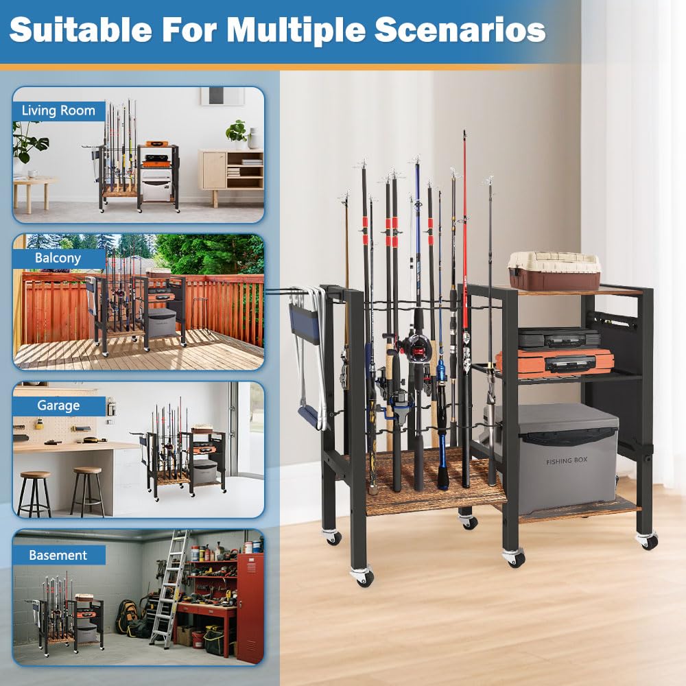 3-Tier Fishing Rod Holder, Garage Fishing Rod Rack, Fishing Rod Organizer for 12 Rods, Space Saving Fishing Pole Storage System for Garage Boat RV Basement, with Wheels Hooks and Storage Bag COLCUT