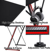 TIQLAB Gaming Desk with Power Outlets & LED 40 Inch Ergonomic Computer Carbon Fiber Surface Gamer Desk, Large Monitor Stand, Headphone Hook, PC Workstation for Bedroom, Black Desk TIQLAB