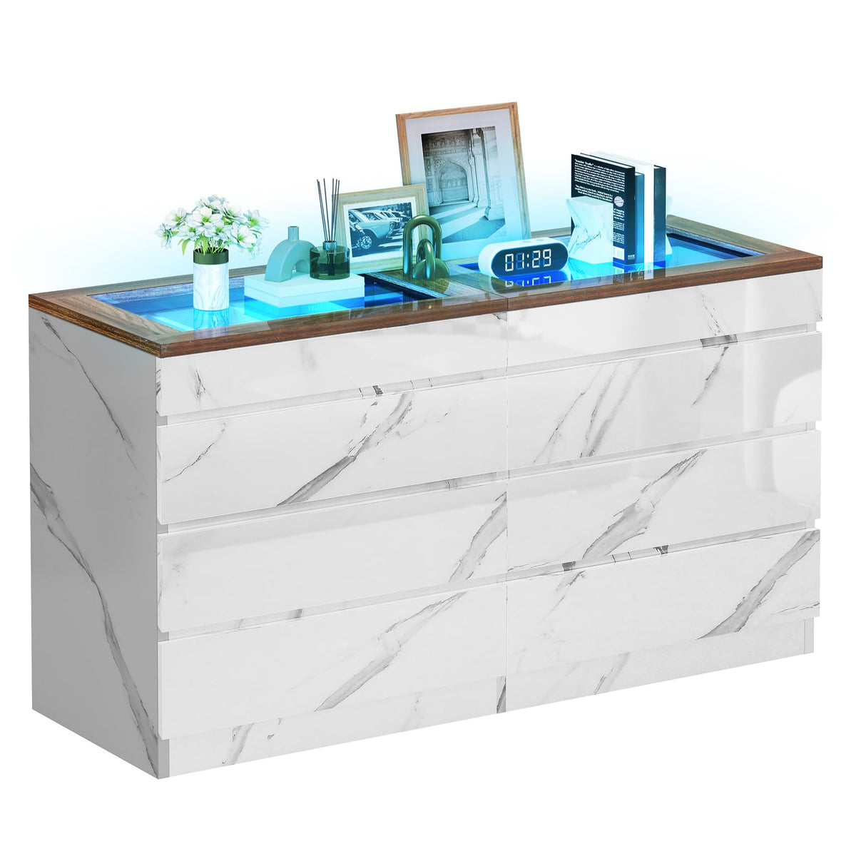 DWVO 8 Drawer Dresser with LED Light,White Marble Dresser, Modern 8 Chest of Drawers with Deep Drawers Glass Top High Gloss Surface, Storage Organizer Cabinet for Living Room, Bedroom DWVO