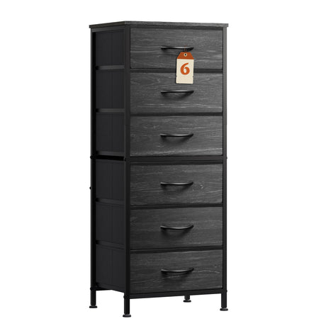 WLIVE Tall Dresser for Bedroom, 6 Drawer Dressers & Chests of Drawers, Fabric Dresser for Closet, Night Stand with Metal Frame, Storage Tower with Fabric Bins, Woodtop, Charcoal Black Wood Grain Print WLIVE